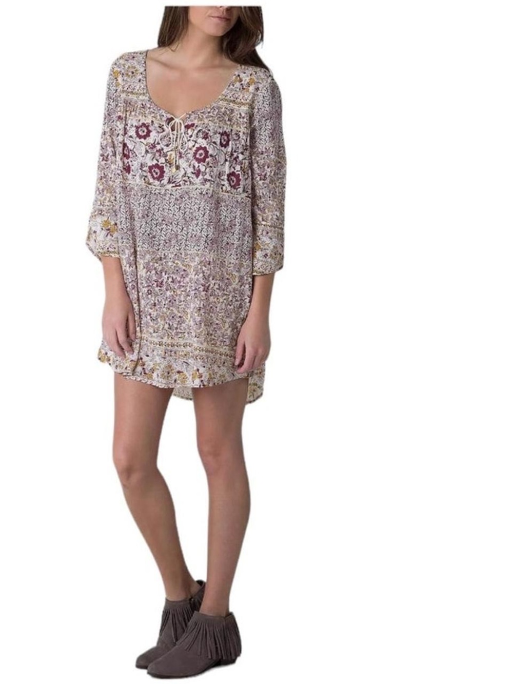 Billabong White Floral Boho Tunic with Blue and Purple Accents Size XS